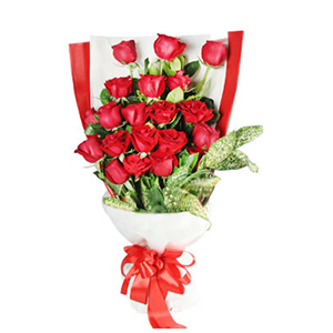 鲜花/爱的誓言:21枝红玫瑰
包 装:高档白色雾面纸、瓦楞纸、大红