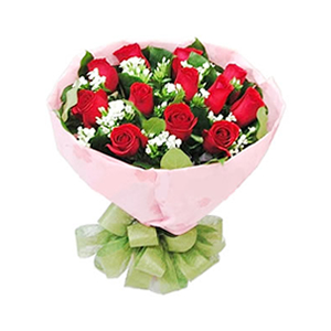 鲜花/浪漫永存:12支红色玫瑰
包 装:粉色皱纹纸圆形包装。绿色丝