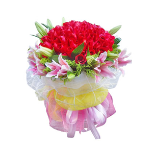 鲜花/痴情不悔:99枝红玫瑰，10枝粉色百合
包 装:白色、黄色、