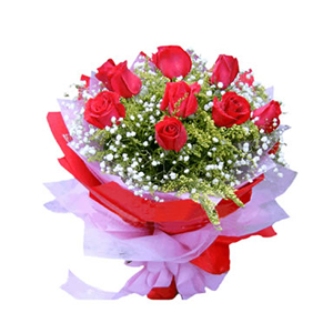鲜花/相伴一生:9支红玫瑰
包 装:红色、粉色皱纹纸包装、粉色锻带