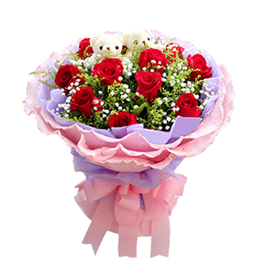 鲜花/老婆，我爱你:11枝红玫瑰，2只可爱熊仔 配材：满天星，黄莺
花