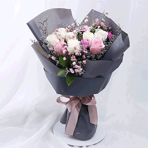 鲜花/Hello女神: 时尚花束7枝精品白玫瑰，4枝粉玫瑰
 [包 