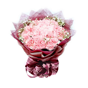 鲜花/眷恋妈妈:33枝粉色康乃馨
包 装:深红色棉纸内衬，同色皱纹