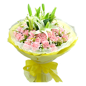 鲜花/温馨时刻:16支粉色康乃馨，2枝百合点缀
花 语:喜欢与你交