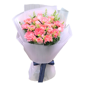 鲜花/简单的爱:9支粉色康乃馨，9支粉色玫瑰,黄莺满、天星辅材
花