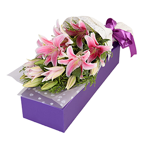 鲜花/粉色香水百合:匠心设计，9朵香水百合
包 装:高档礼盒包装，赠送