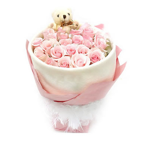 鲜花/粉色红颜:19枝粉玫瑰
包 装:白色皱纹纸圆形无角包装，外围