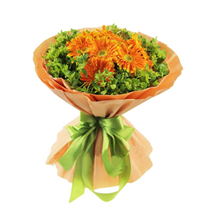 鲜花/生命之树:11枝橘色扶郎
包 装:浅橙色瓦楞纸多层包装，浅绿