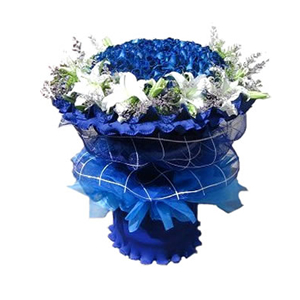 鲜花/蓝色至爱:蓝色妖姬66枝，百合11枝
包 装:蓝色卷边纸、蓝