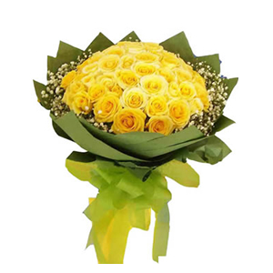 鲜花/星语心愿:33枝黄玫瑰
包 装:绿色皱纹纸围边，换绿色丝带花