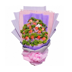鲜花/心爱的姑娘:19支粉玫瑰
包 装:玫瑰单独纱网包装；紫色、粉色