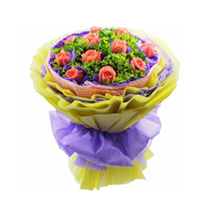 鲜花/因为爱情/豪华包装:11枝粉玫瑰单独包装
包 装:淡粉色麻网围边，紫色