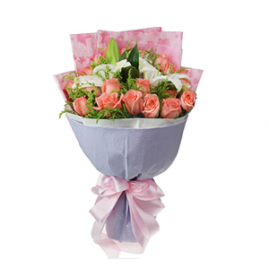 鲜花/今生的爱恋:19枝粉玫瑰、2枝白色多头香水百合
包 装:粉色印