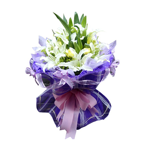 鲜花/温馨祝愿:9枝白色多头香水百合，6枝黄色康乃馨
包 装:紫色