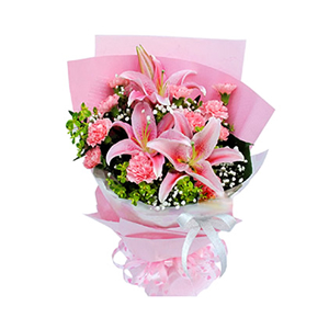 鲜花/美丽心愿:2枝多头粉香水百合，11枝粉色康乃馨
包 装:粉色