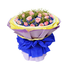 鲜花/一路向前:29枝粉玫瑰独立包装
包 装:蓝色学点网纱独立包装