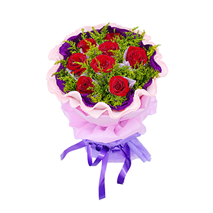 鲜花/相伴到永远:8枝红玫瑰独立包装
包 装:浅紫色学点纸独立包装，