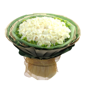鲜花/白色恋人:66枝白玫瑰
包 装:绿色雪点纸内衬，多层黄色、绿