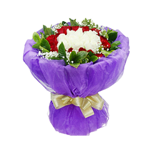 鲜花/幸福在身边:11枝白玫瑰，16枝红玫瑰
包 装:紫色棉纱外围圆