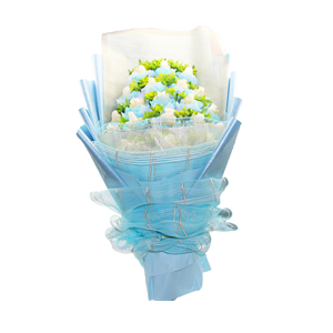 鲜花/爱的信念:20朵白玫瑰独立精美包装
包 装:金色棉纸铺底，蓝