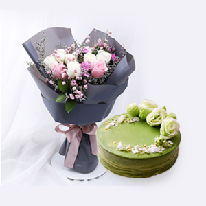 浪漫组合/最懂女神心: 韩式花束7枝精品白玫瑰，4枝粉玫瑰，仙范抹茶奶