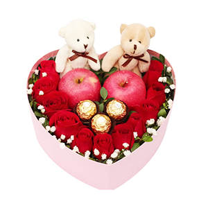 鲜花/爱的诺言:11枝红玫瑰、2个苹果、2只小熊、3个巧克力单独包装