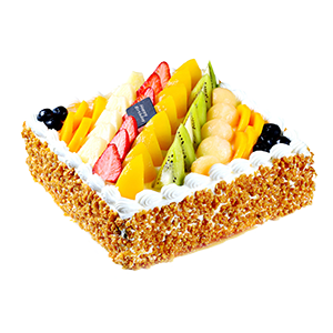 蛋糕/七彩果园:方形水果蛋糕，新鲜奶油、果肉铺面，水果夹层蛋糕胚。

