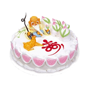 蛋糕/福寿绵长: 圆形鲜奶蛋糕，一位寿星旁边陪伴着一只仙鹿，五个