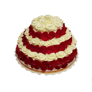 蛋糕/幸福牵手:三层圆形鲜奶艺术蛋糕，奶油花铺面，新鲜玫瑰花瓣围边
