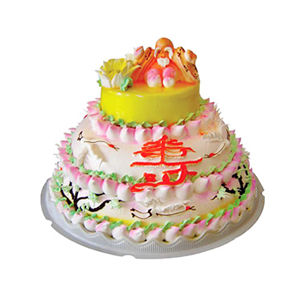 蛋糕/松乔之寿: 三层鲜奶蛋糕，周围小寿桃围边，正面一个大寿字，