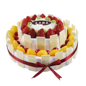 蛋糕/真心相许:圆形双层水果蛋糕，各色时令水果铺面，纯手工巧克力片围