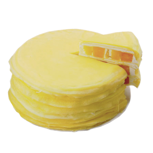蛋糕/芒果甜心千层蛋糕:圆形芒果千层蛋糕，芒果果肉、超薄鸡蛋皮、新鲜奶油层层