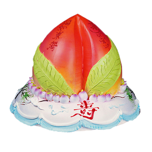 蛋糕/寿元无量:二层鲜奶蛋糕,最上层做成蟠桃，小蟠桃围绕，正前方一个