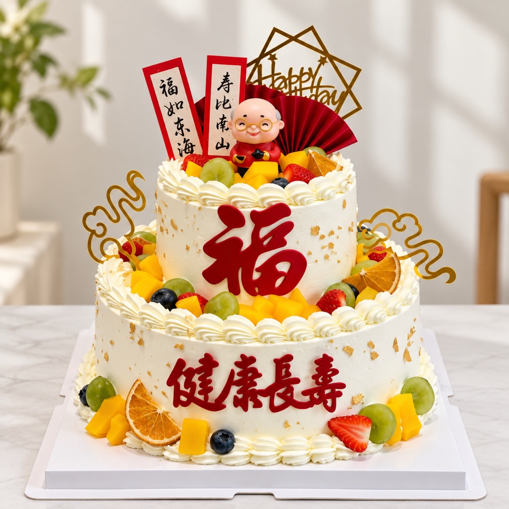 蛋糕/松鹤延年:新鲜时令水果，低脂鲜奶奶油
祝 愿:福如东海，寿比