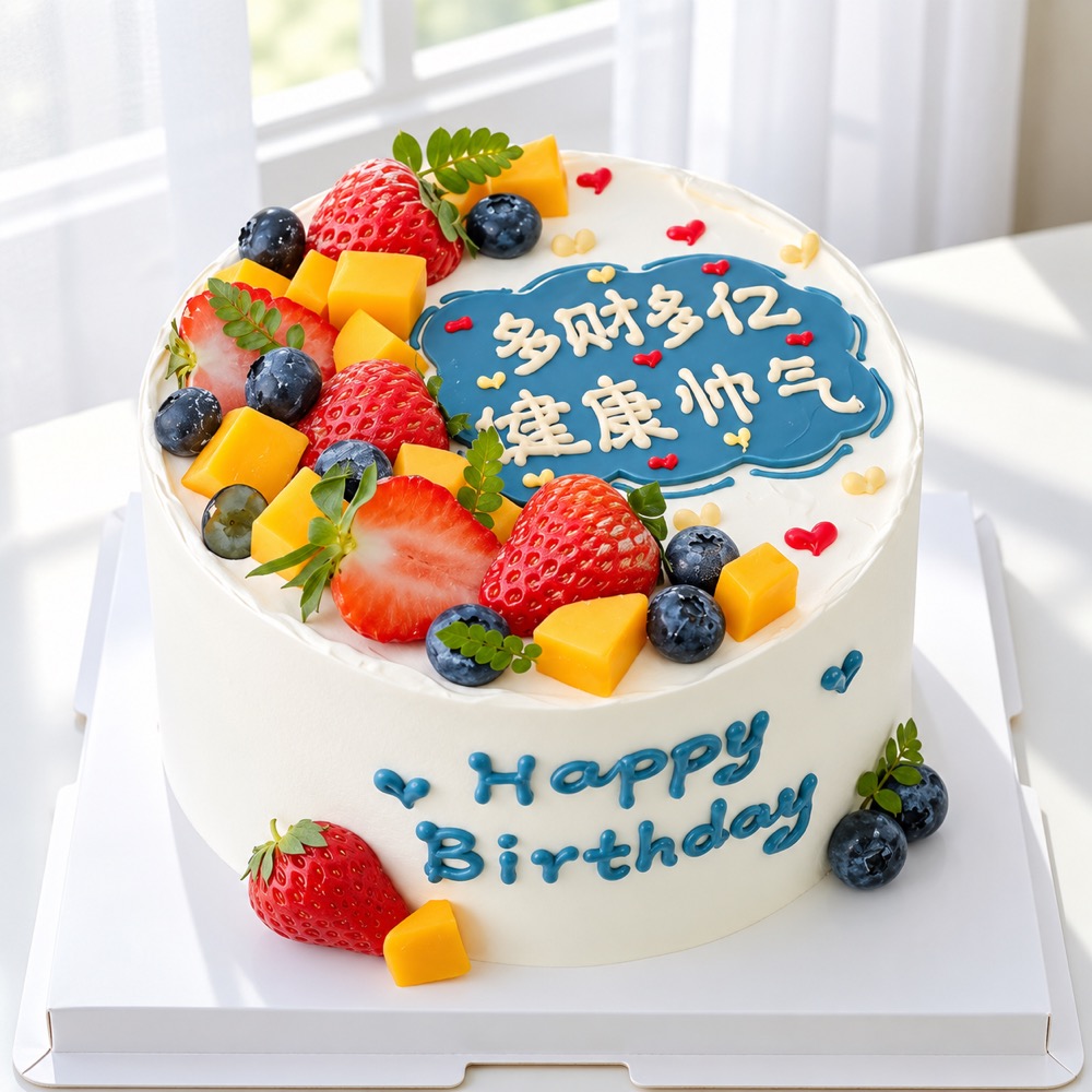 蛋糕/多财多亿:新鲜时令水果，低脂鲜奶奶油
祝 愿:生日快乐，前程