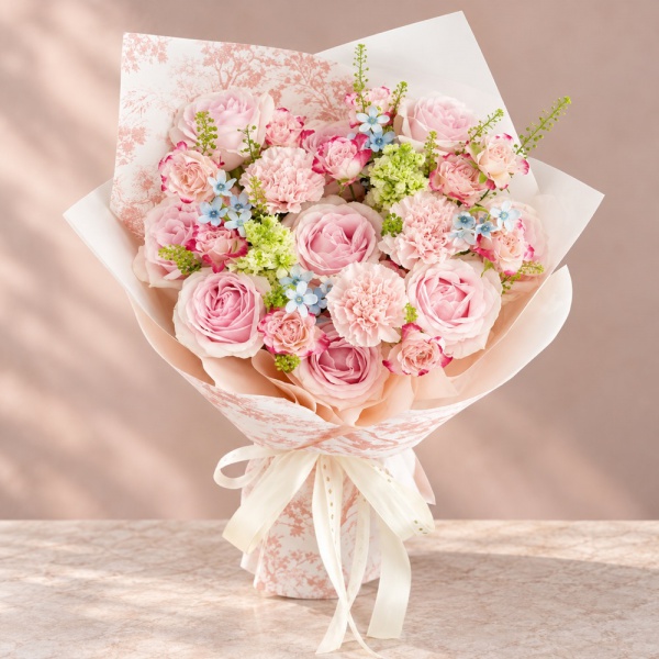 鲜花/樱雪柔情:9支精品粉玫瑰+7支精品粉色康乃馨+配材
花 语: