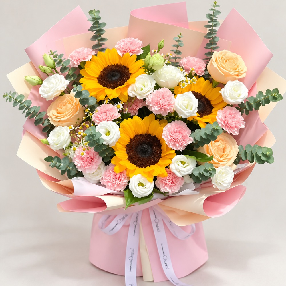 鲜花/向阳晴光:11支精品粉色康乃馨+5支精品香槟玫瑰+3支精品向日