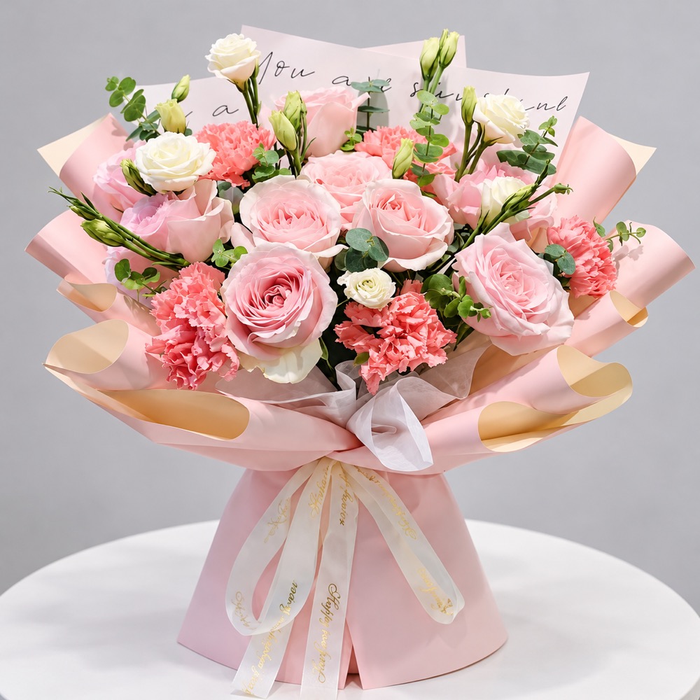 鲜花/粉漾心动:11支精品粉玫瑰+6支精品粉色康乃馨+桔梗配材
花