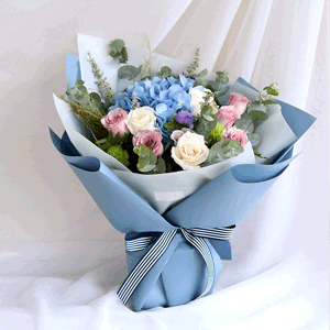 鲜花/笑靥如花:19枝白玫瑰（或香槟玫瑰） 粉玫瑰 蓝色绣球
花 