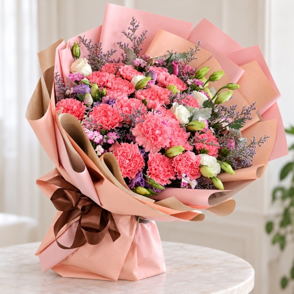 鲜花/甜美母爱:19枝粉色康乃馨+桔梗+高级配草
花 语:愿您如花