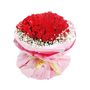 鲜花/情有独钟:红玫瑰99枝
包 装:粉手揉纸，黄色宽纸带法国结
